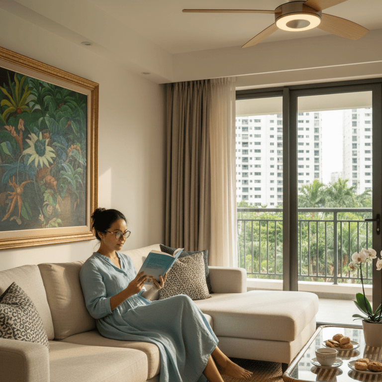 A woman seated comfortably on a light-colored sofa, reading a book, in a living room in Singapore